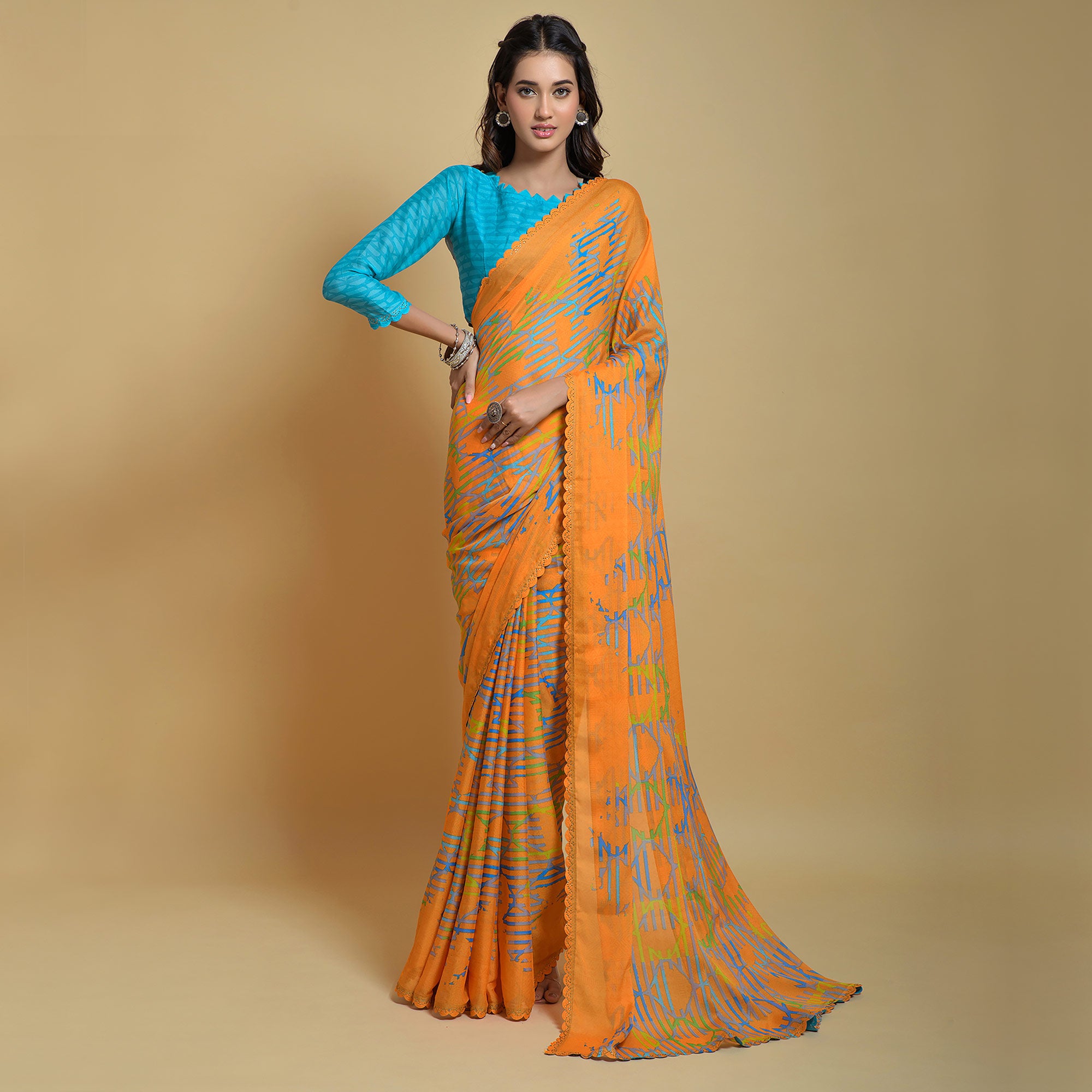 Orange Printed Georgette Saree With Swarovski Border