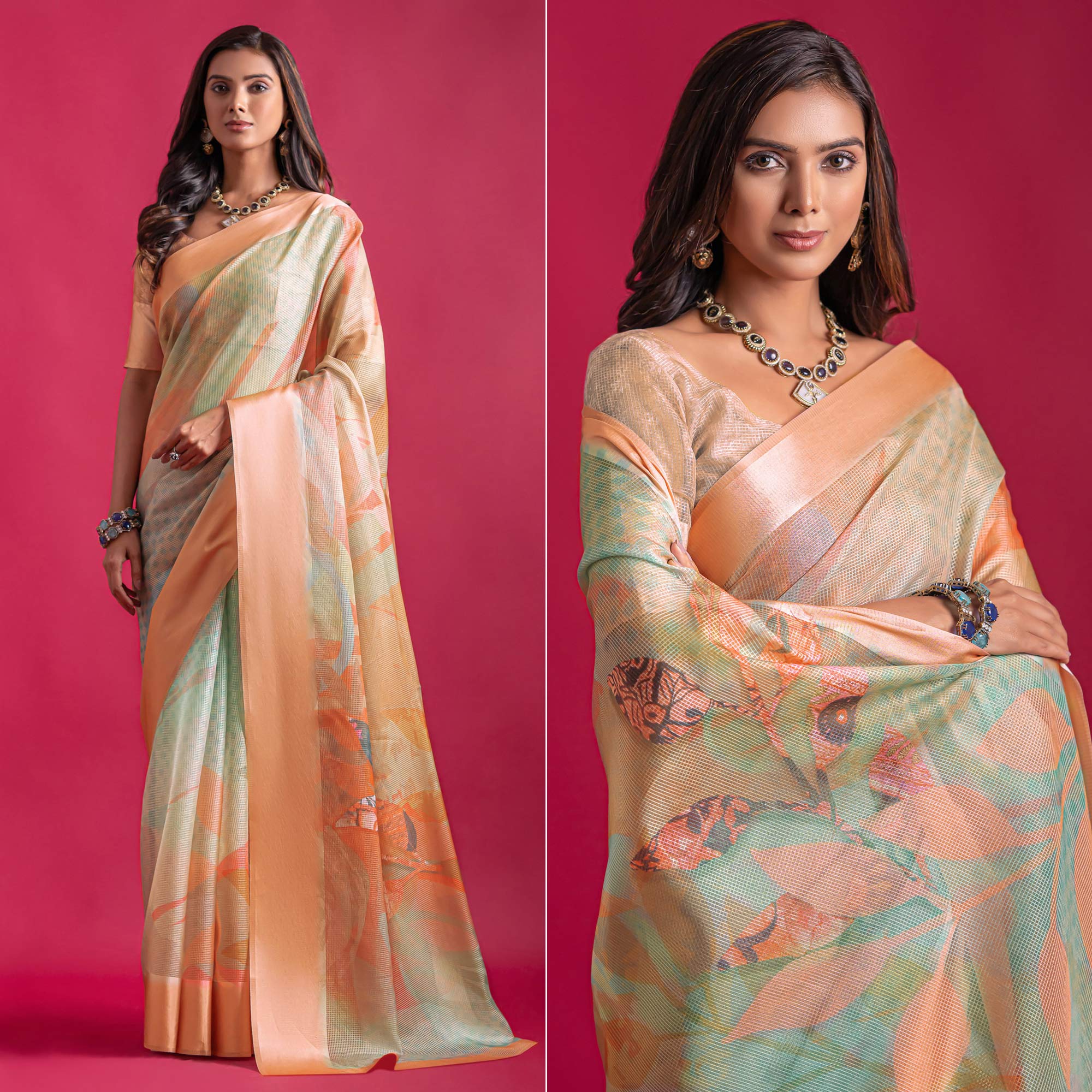 Peach Floral Digital Printed Linen Saree With Woven Border