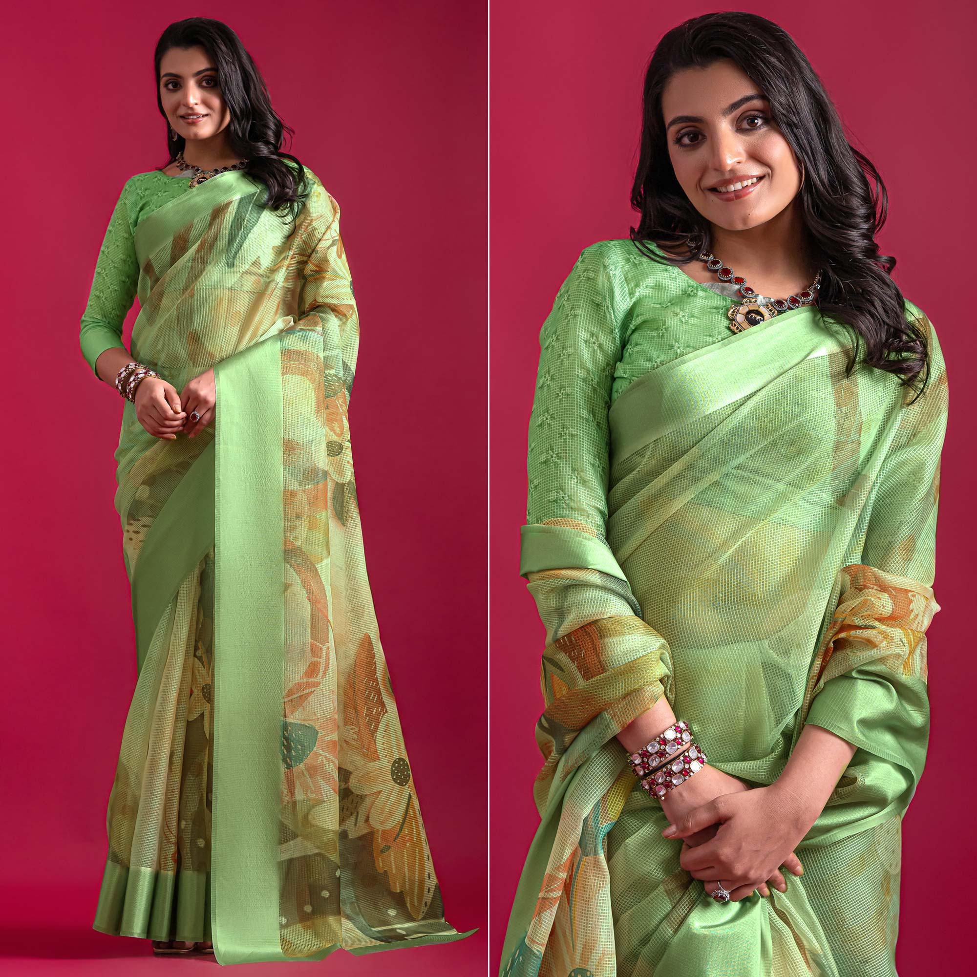 Green Floral Digital Printed Linen Saree With Woven Border
