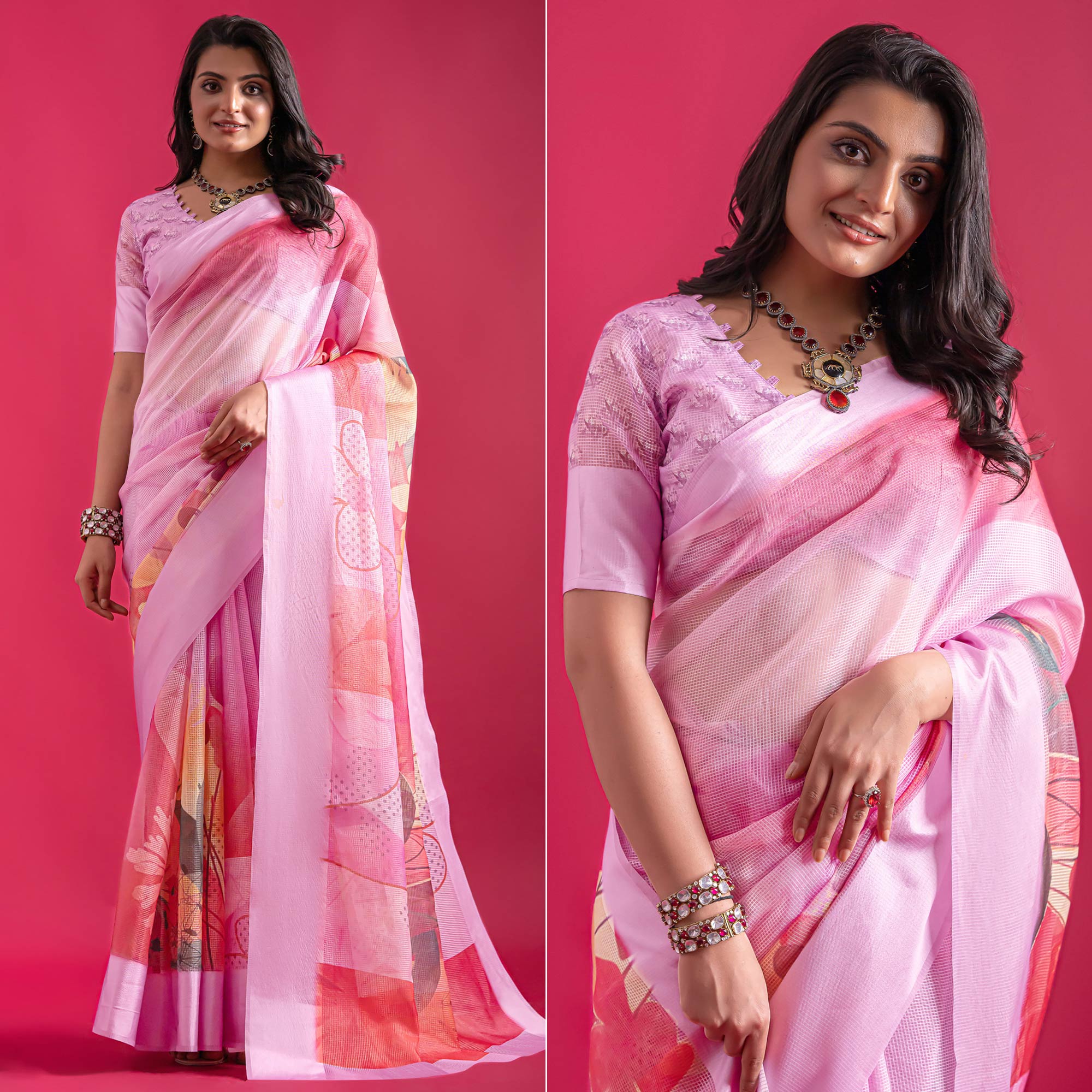 Pink Floral Digital Printed Linen Saree With Woven Border