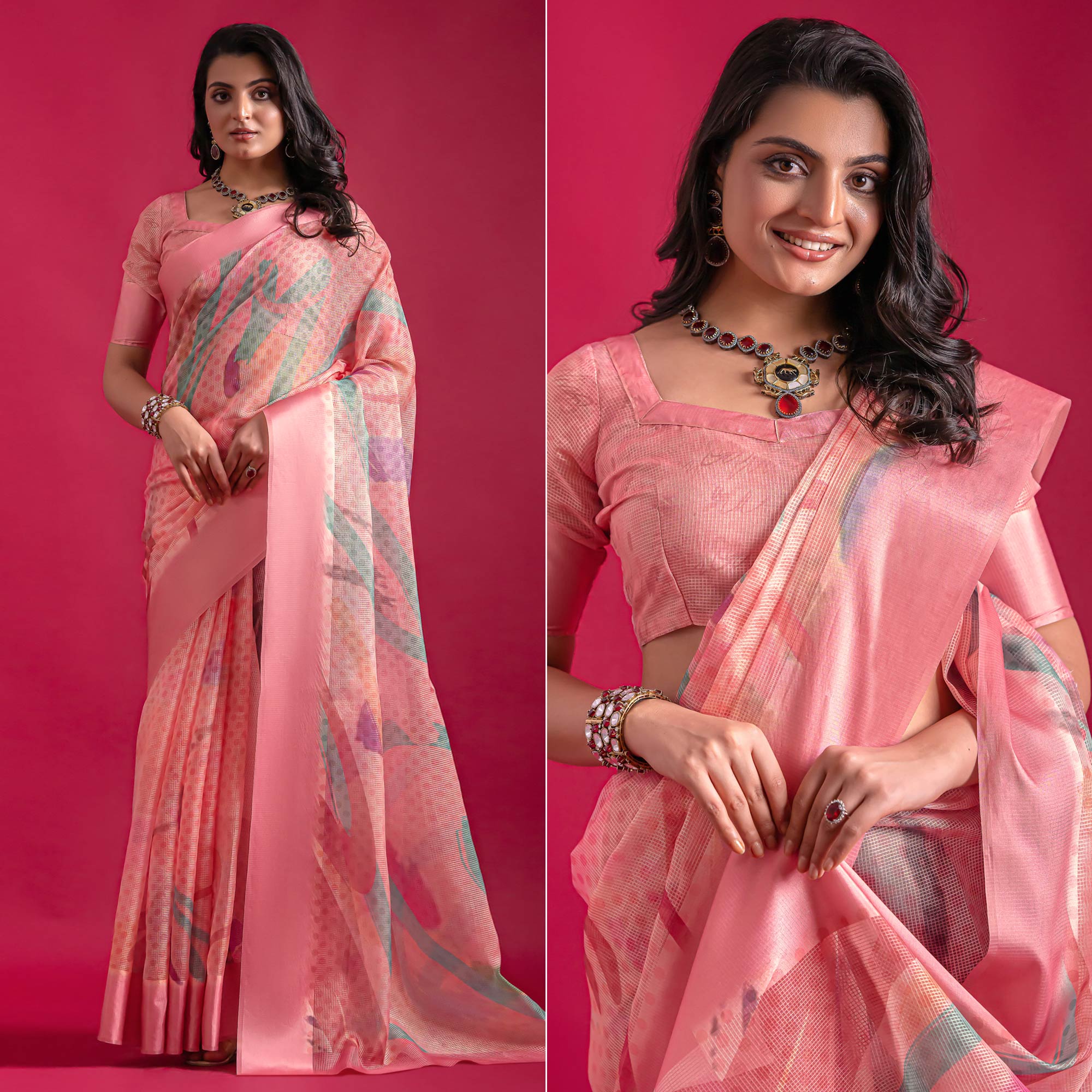 Pink Floral Digital Printed Linen Saree With Woven Border