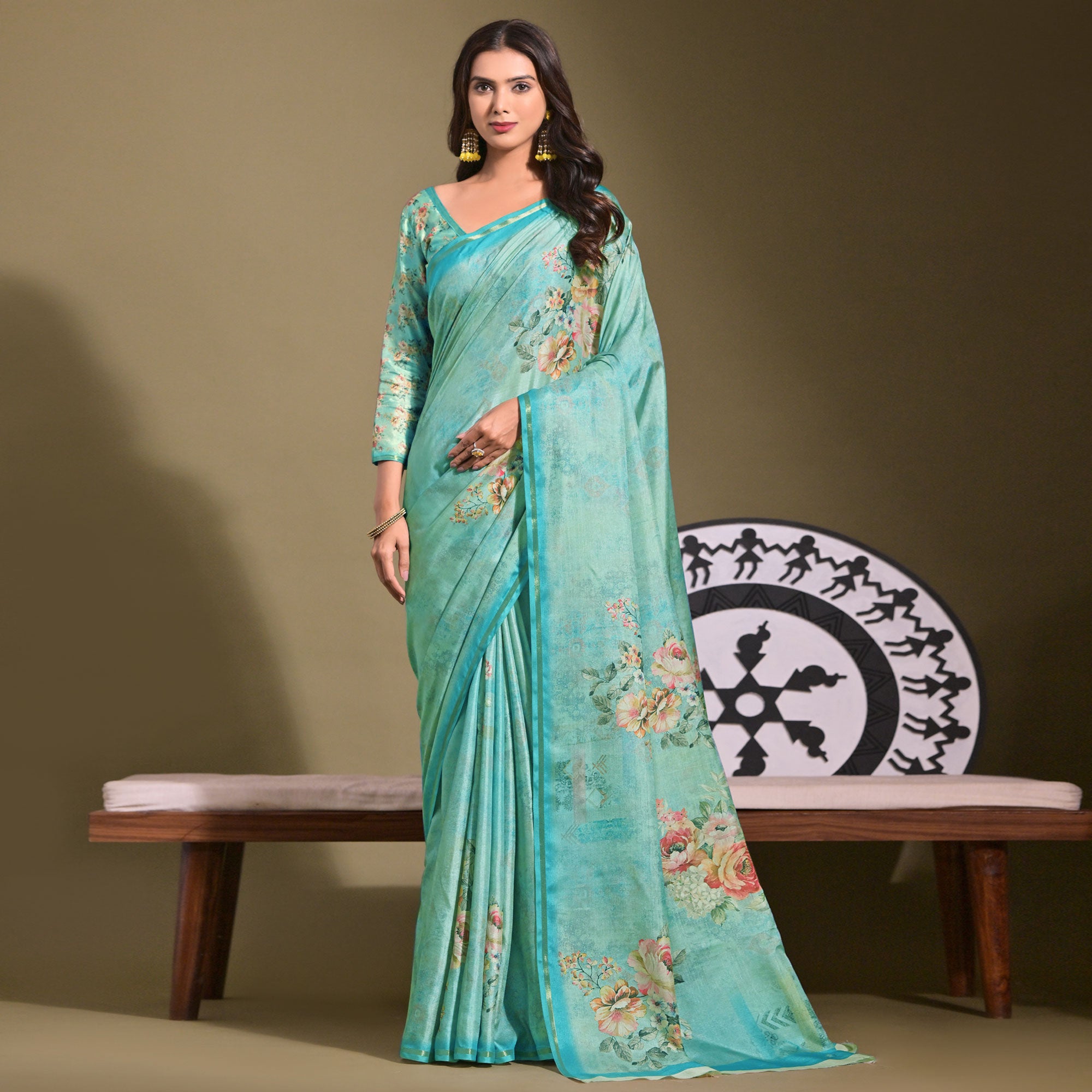 Turquoise Floral Digital Printed Tussar Silk Saree