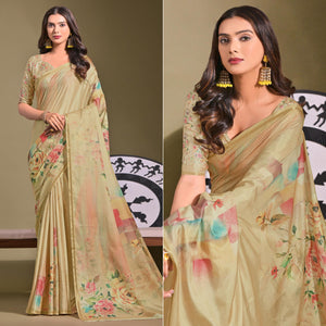 Beige Floral Digital Printed Tussar Silk Saree