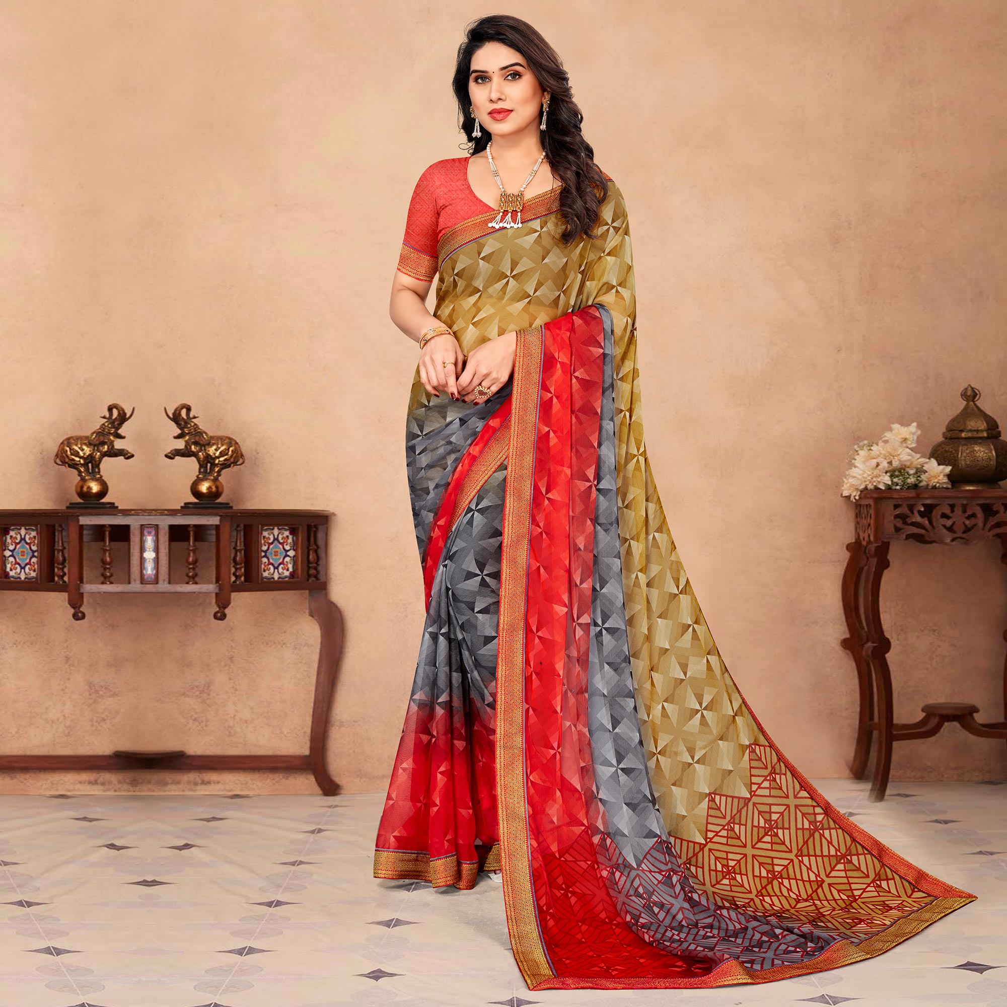 Multicolor Geometric Printed Chiffon Saree