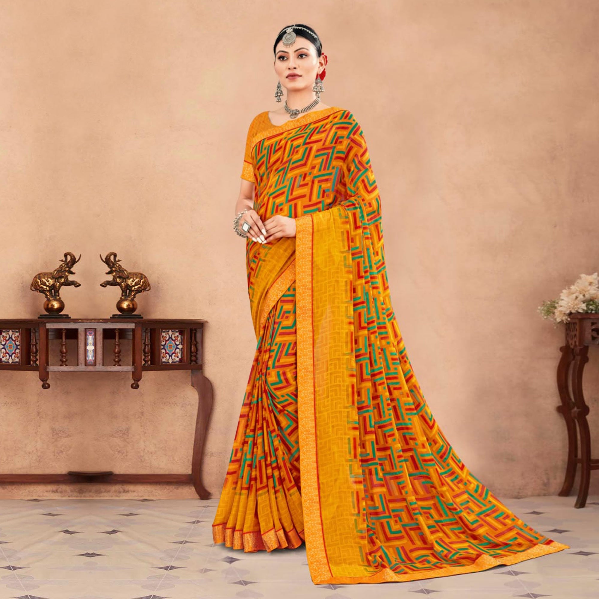 Mustard Geometric Printed Chiffon Saree