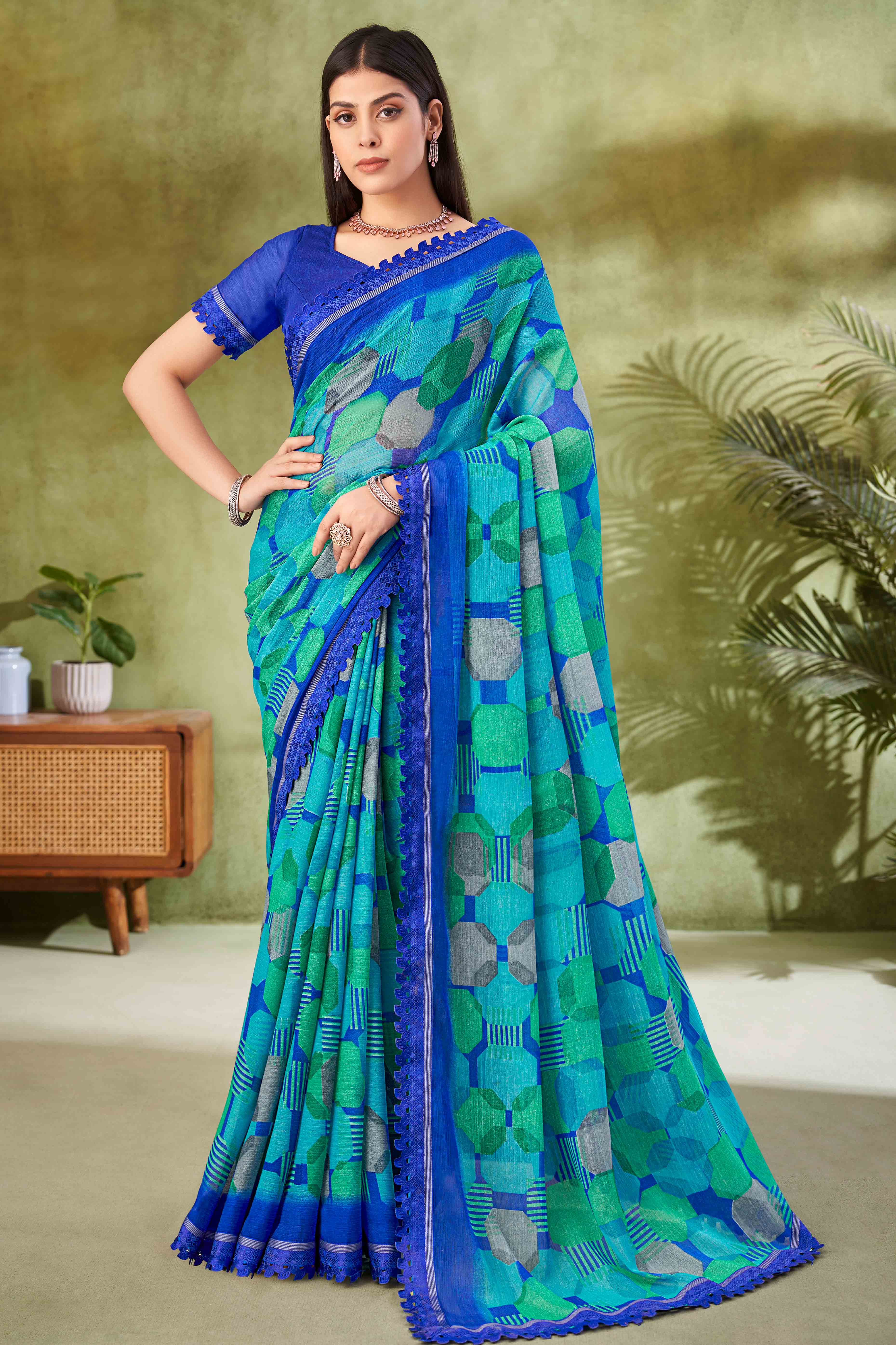 Royal Blue Digital Printed Chiffon Saree Accented With Elegant Lace Border