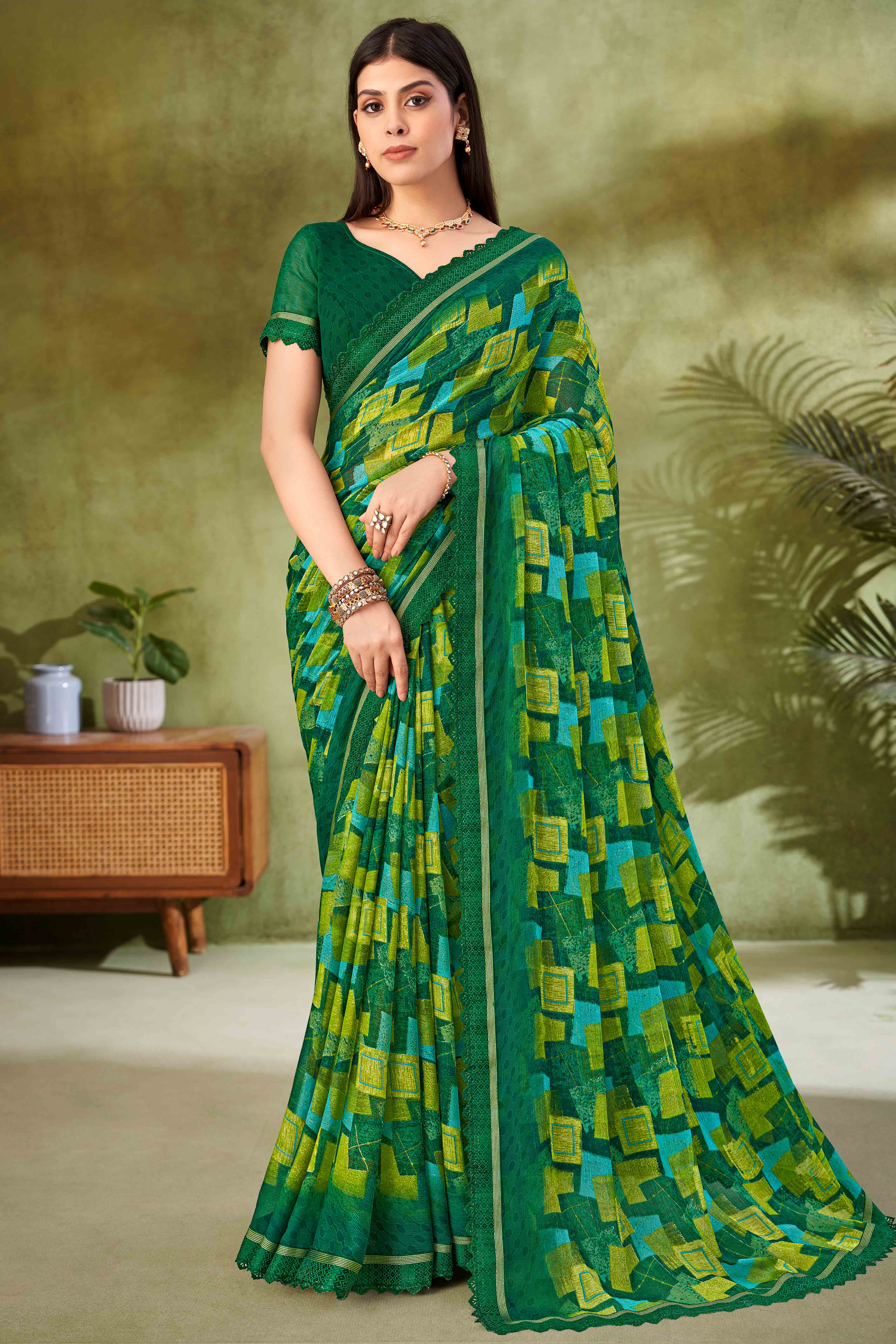 Green Digital Printed Chiffon Saree Accented With Elegant Lace Border