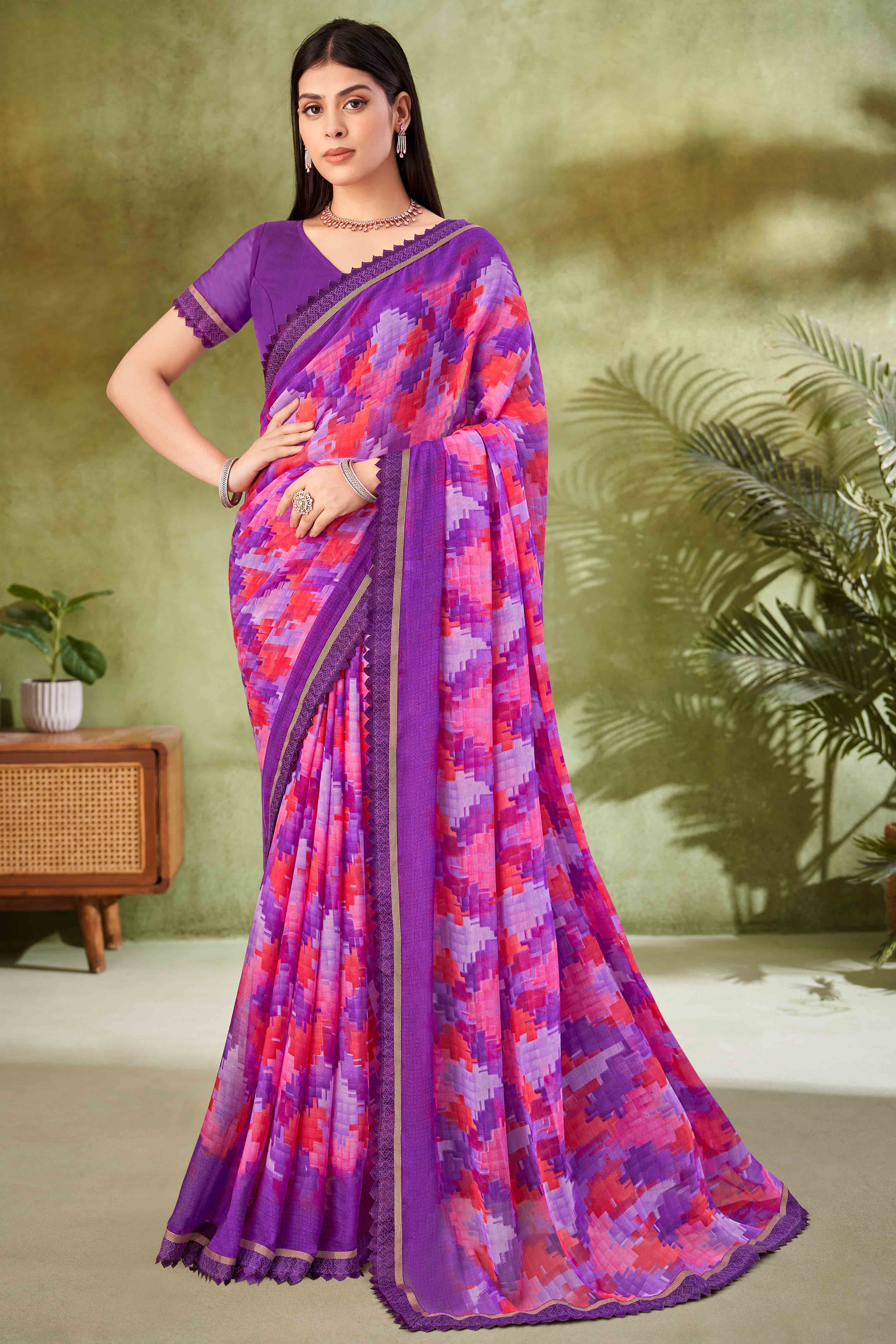 Purple Digital Printed Chiffon Saree Accented With Elegant Lace Border