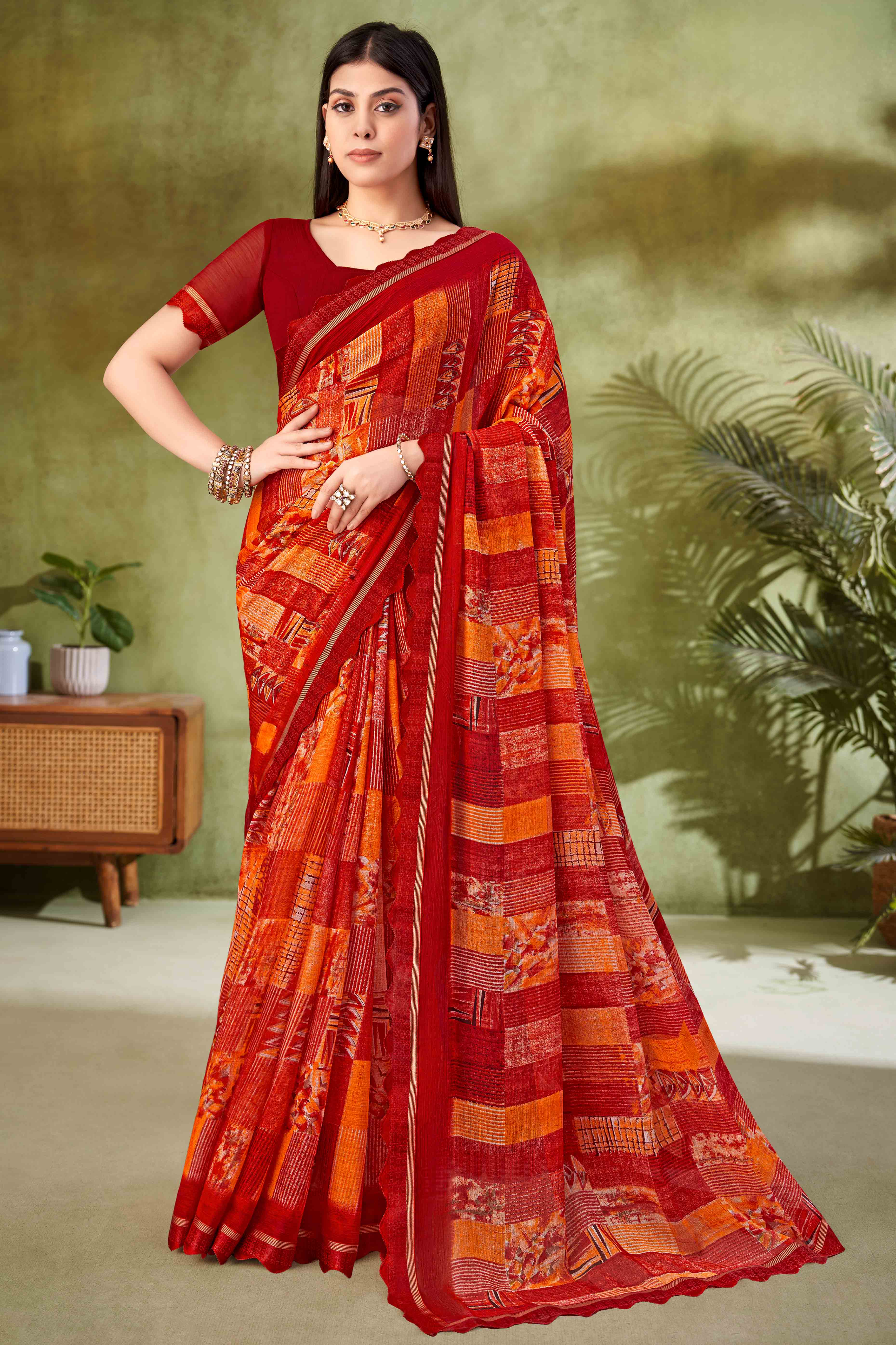 Maroon Digital Printed Chiffon Saree Accented With Elegant Lace Border