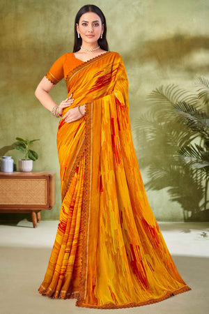 Mustard Digital Printed Chiffon Saree Accented With Elegant Lace Border