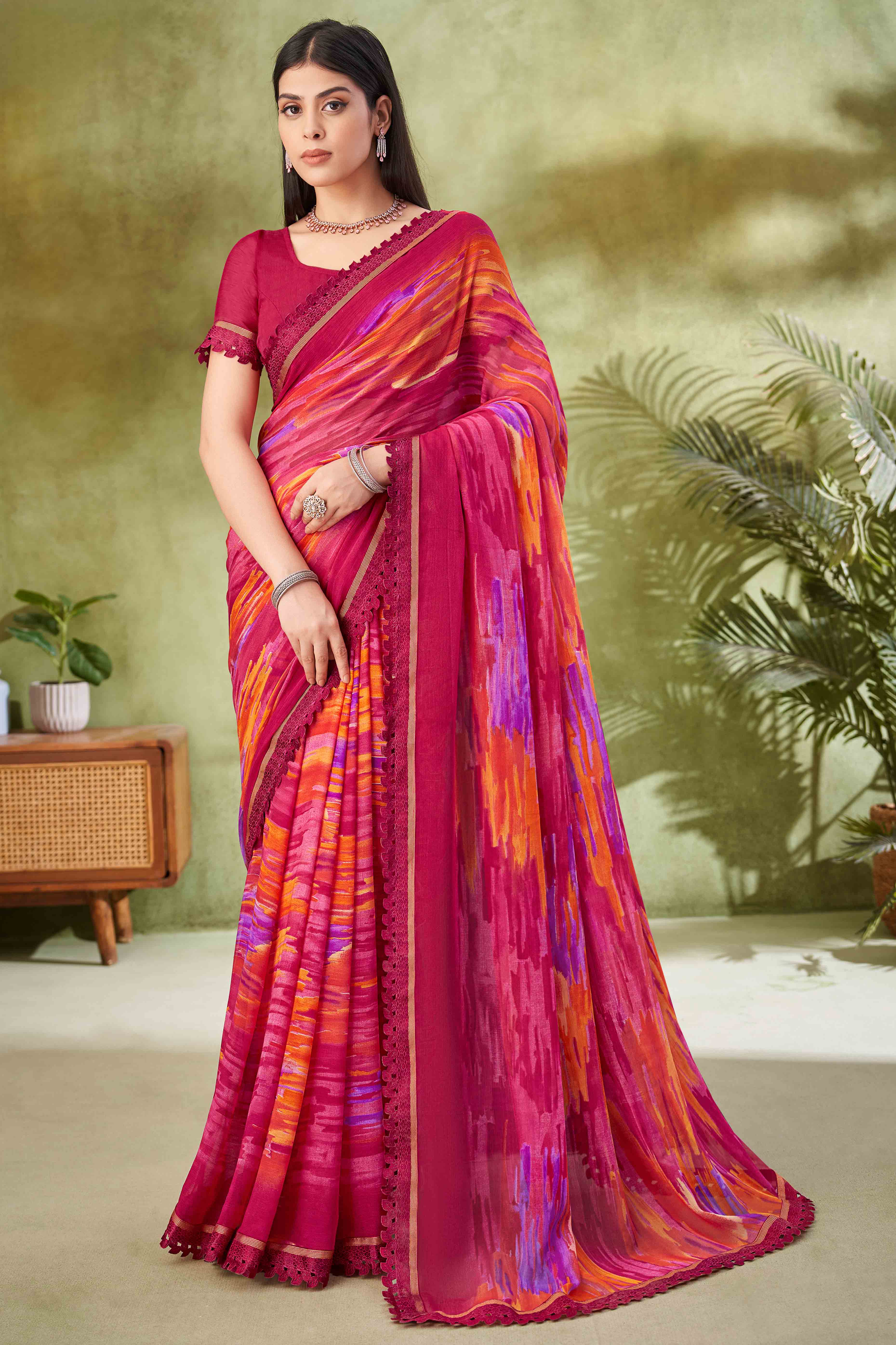 Magenta Digital Printed Chiffon Saree Accented With Elegant Lace Border