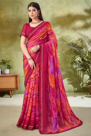 Magenta Digital Printed Chiffon Saree Accented With Elegant Lace Border