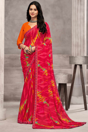 Elegant Pink Chiffon Saree Featuring Digital Print & Graceful Lace Border