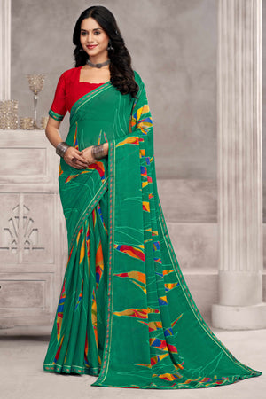 Elegant Green Chiffon Saree Featuring Digital Print & Graceful Lace Border
