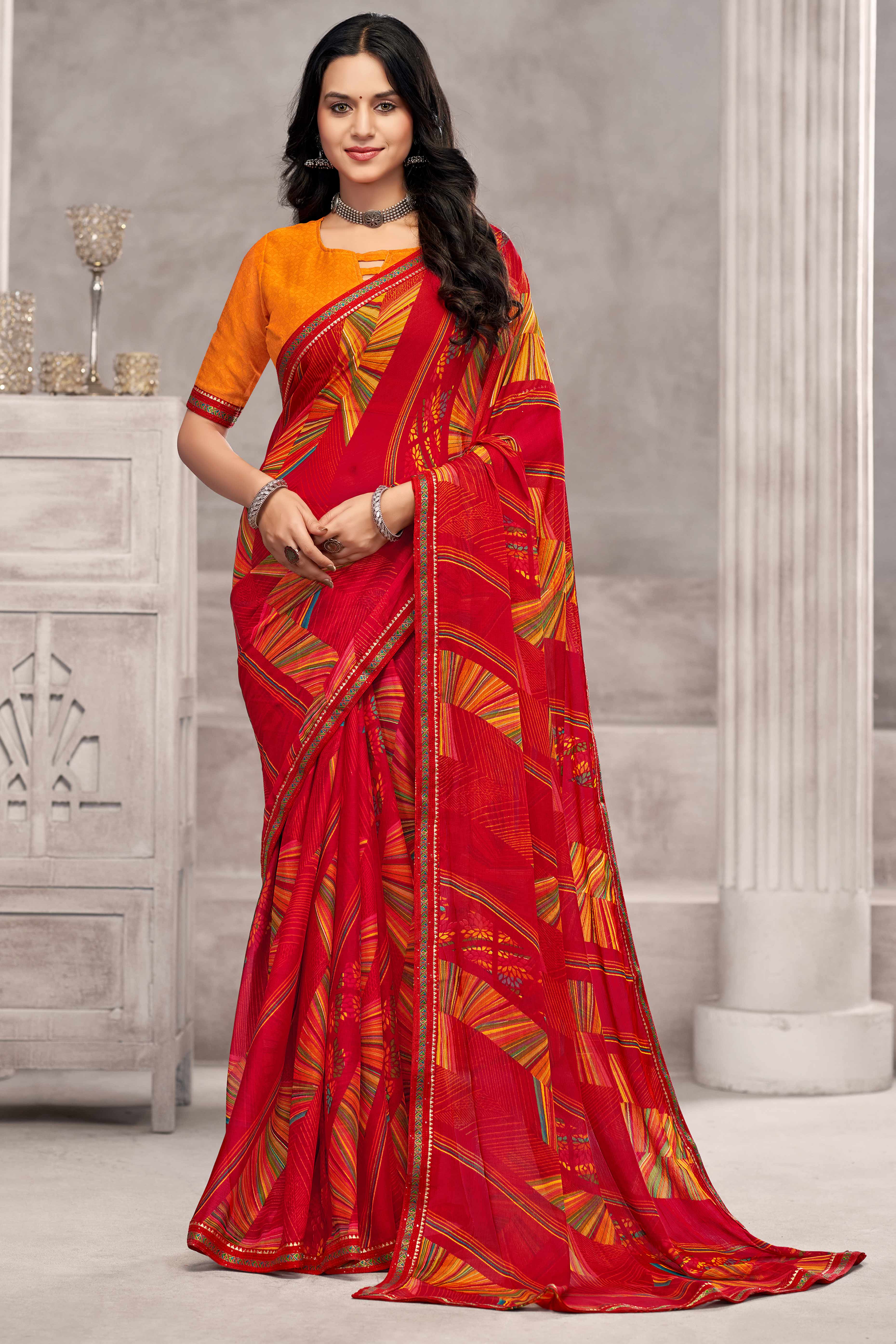 Majestic Red Chiffon Saree Featuring Digital Print & Graceful Lace Border