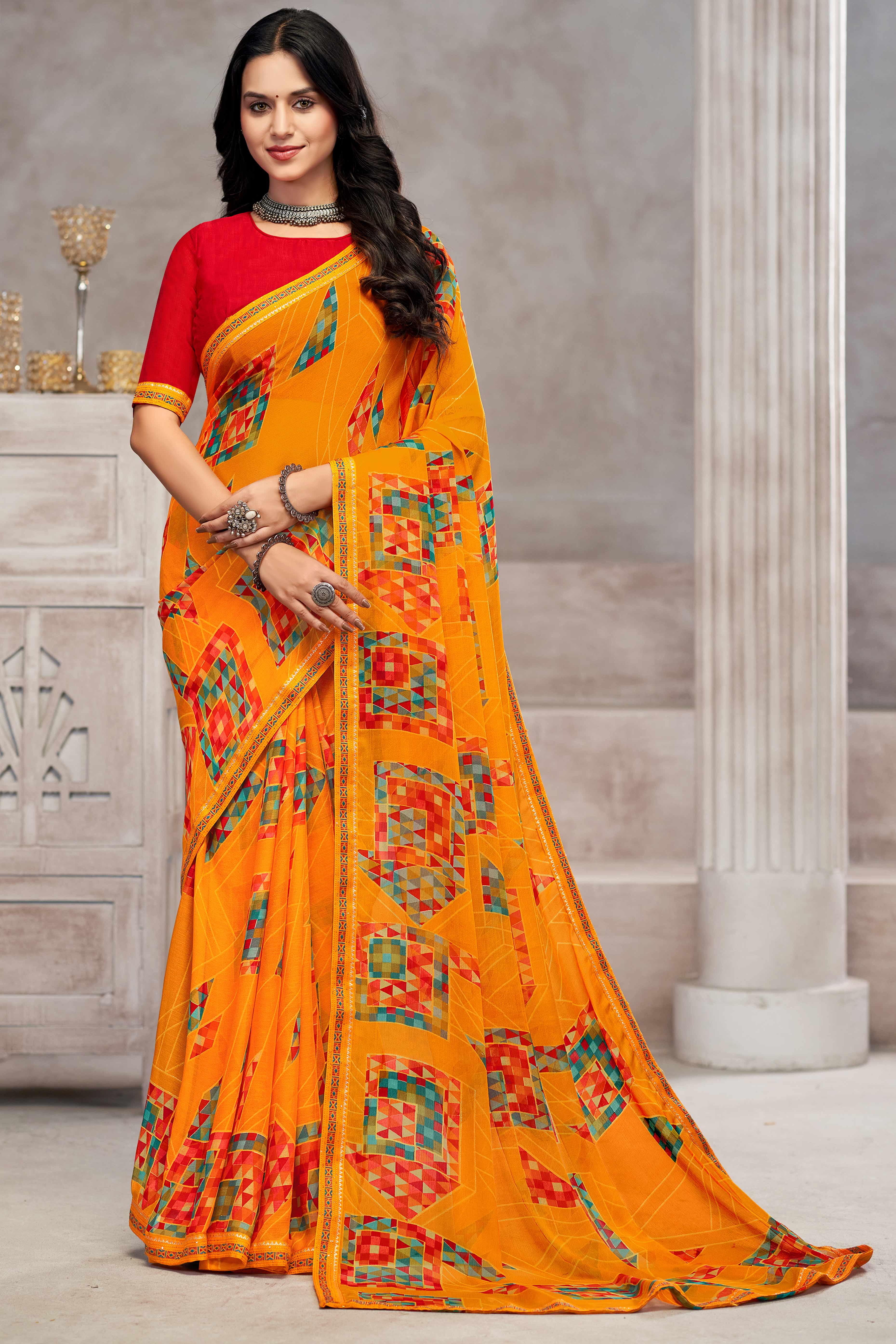 Sophisticated Mustard Chiffon Saree Featuring Digital Print & Graceful Lace Border