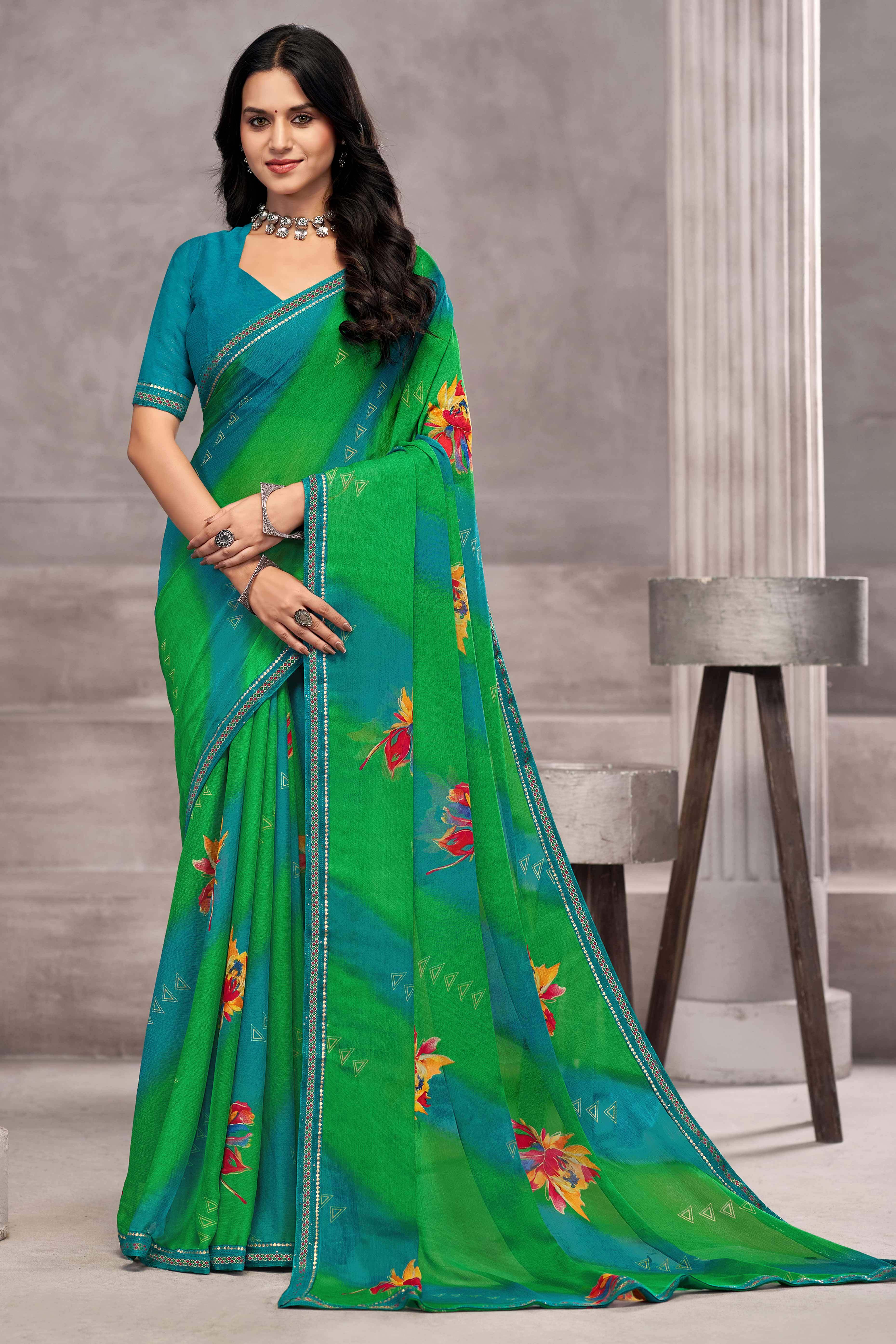 Elegant Green Chiffon Saree Featuring Digital Print & Graceful Lace Border