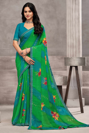 Elegant Green Chiffon Saree Featuring Digital Print & Graceful Lace Border