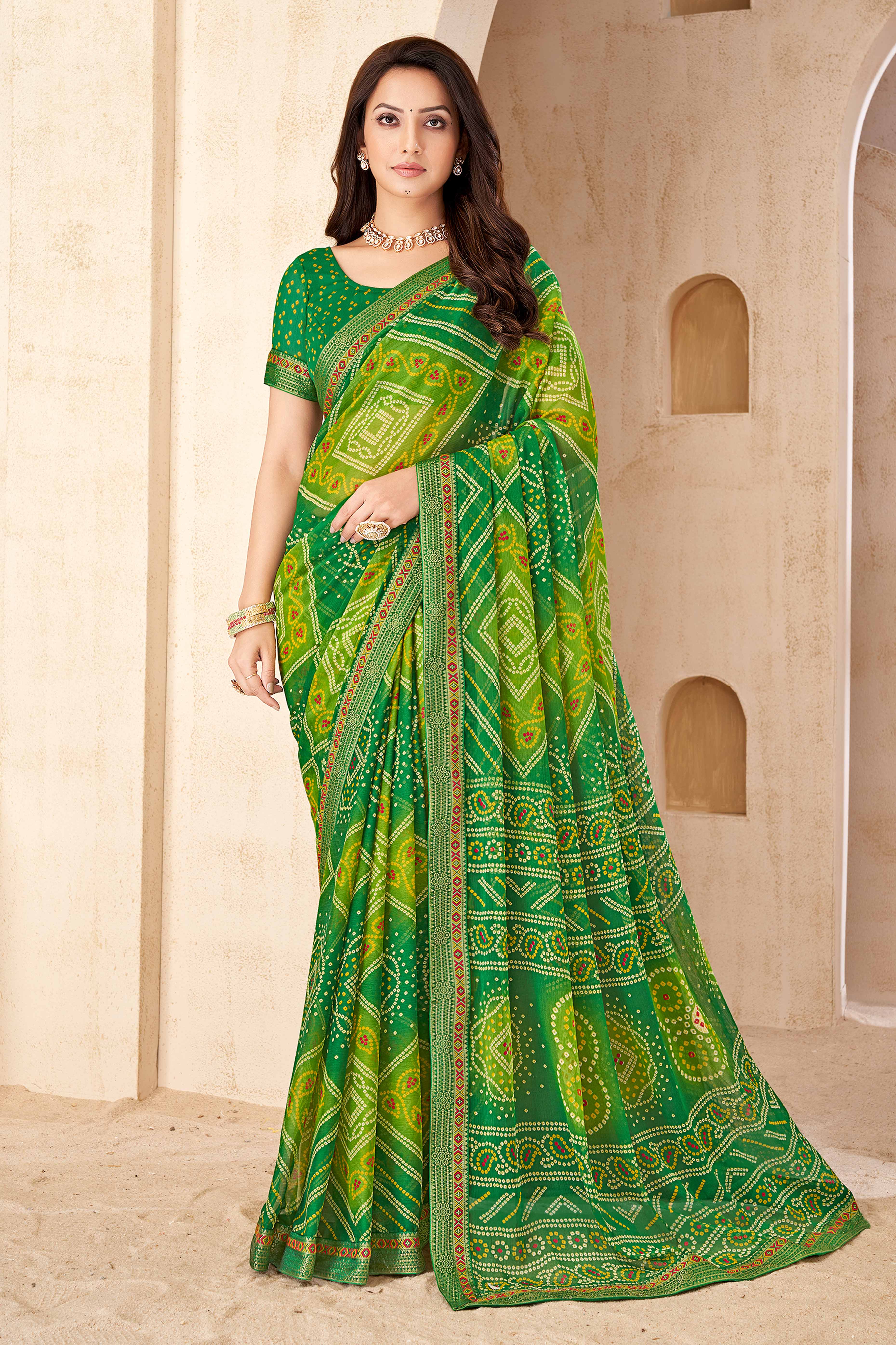 Olive Green Bandhani Printed Chiffon Saree Enhanced with Delicate Lace Border Work