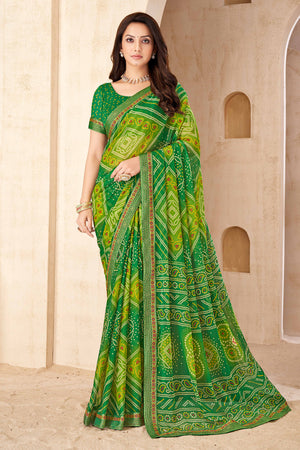 Olive Green Bandhani Printed Chiffon Saree Enhanced with Delicate Lace Border Work