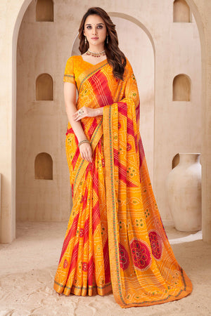 Bright Orange Bandhani Printed Chiffon Saree Enhanced with Delicate Lace Border Work