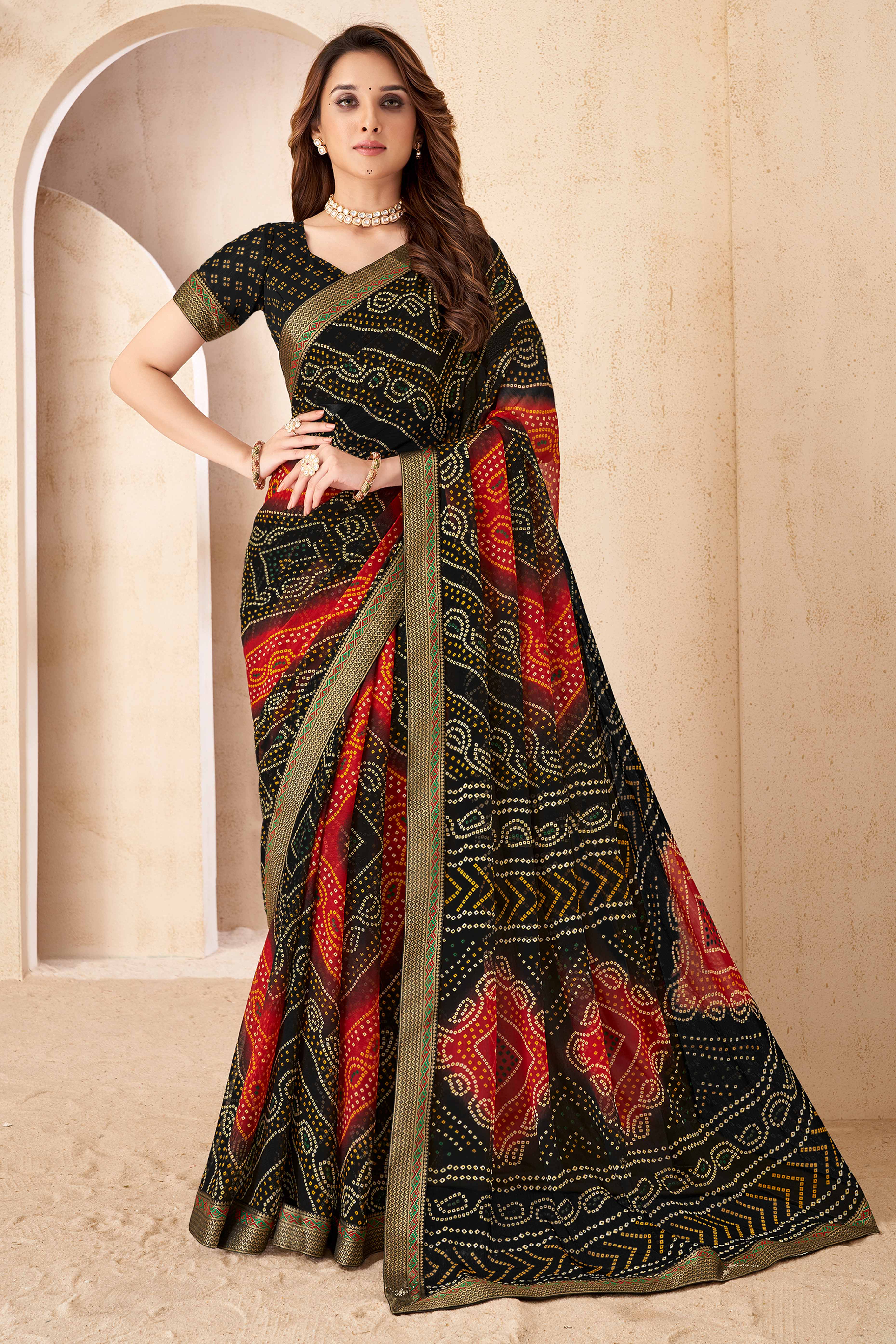 Black & Red Bandhani Printed Chiffon Saree Enhanced with Delicate Lace Border Work