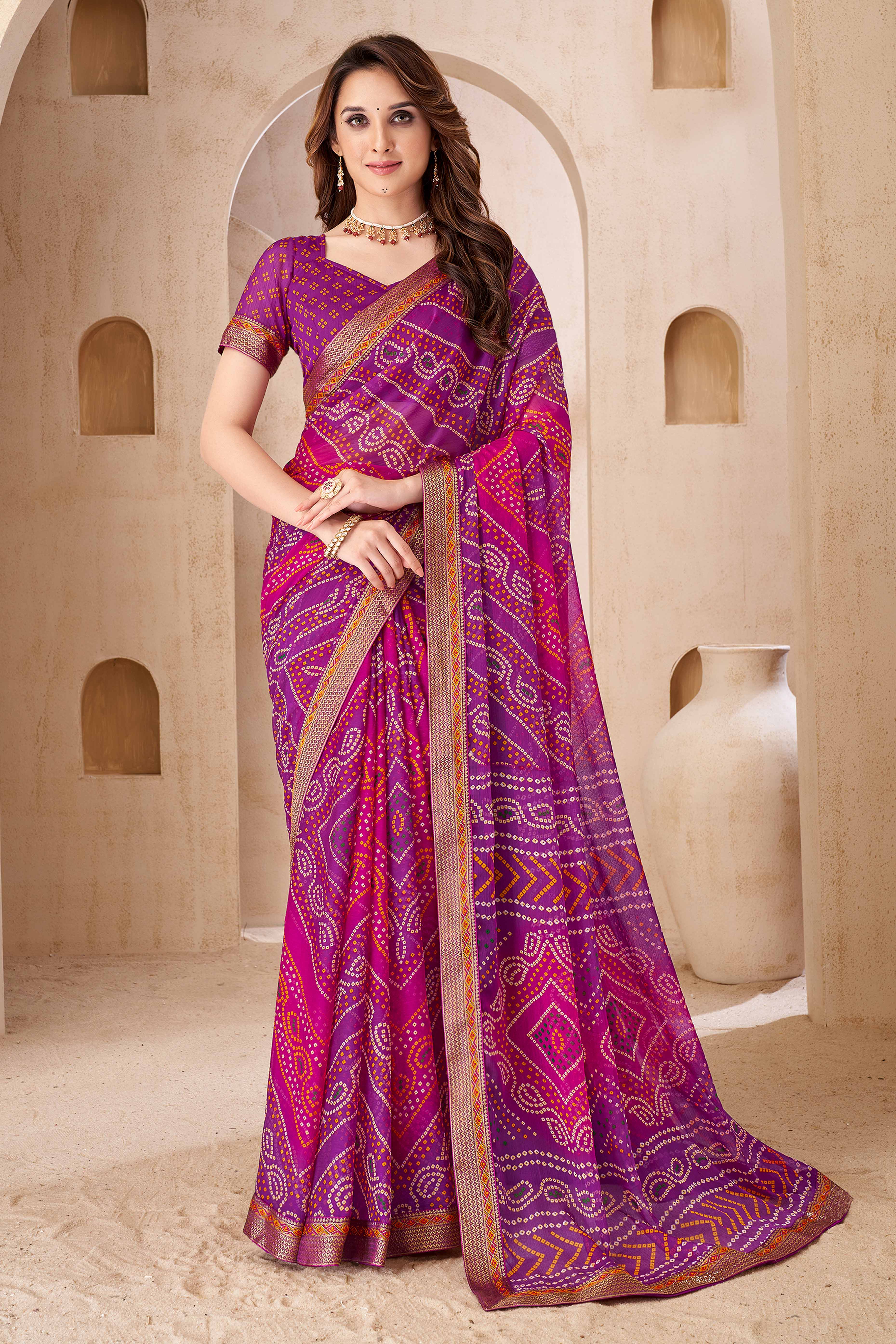 Purple Bandhani Printed Chiffon Saree Enhanced with Delicate Lace Border Work