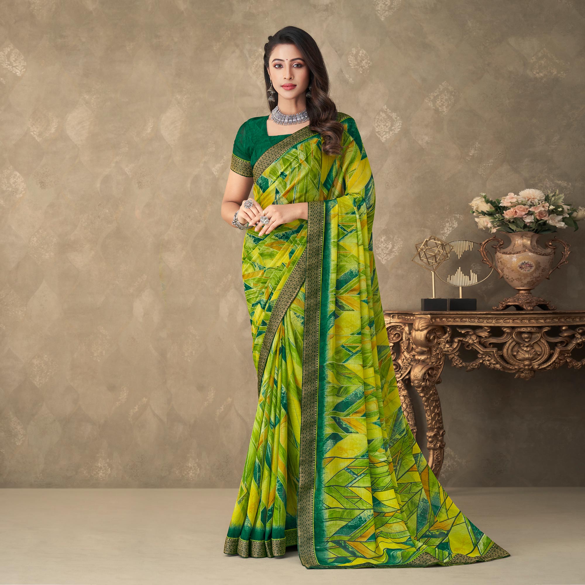 Green Digital Printed Chiffon Saree With Lace Border