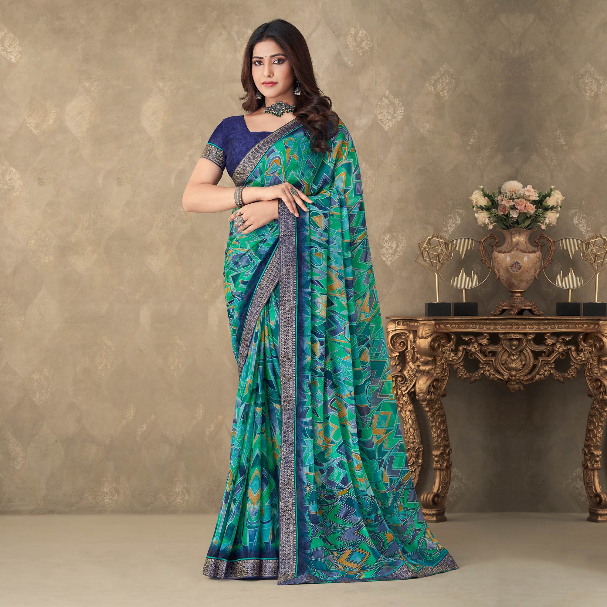 Teal Digital Printed Chiffon Saree With Lace Border