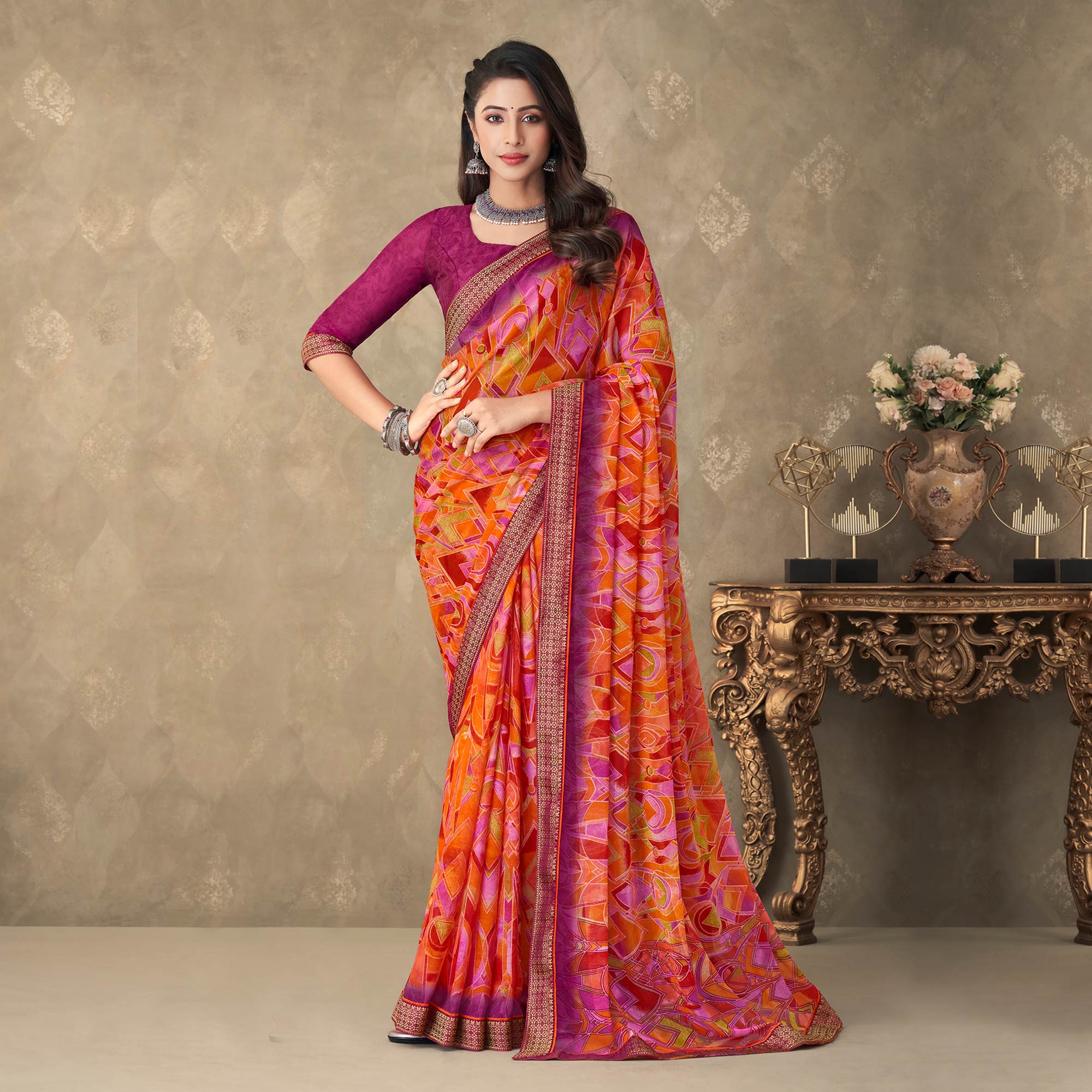 Orange Digital Printed Chiffon Saree With Lace Border