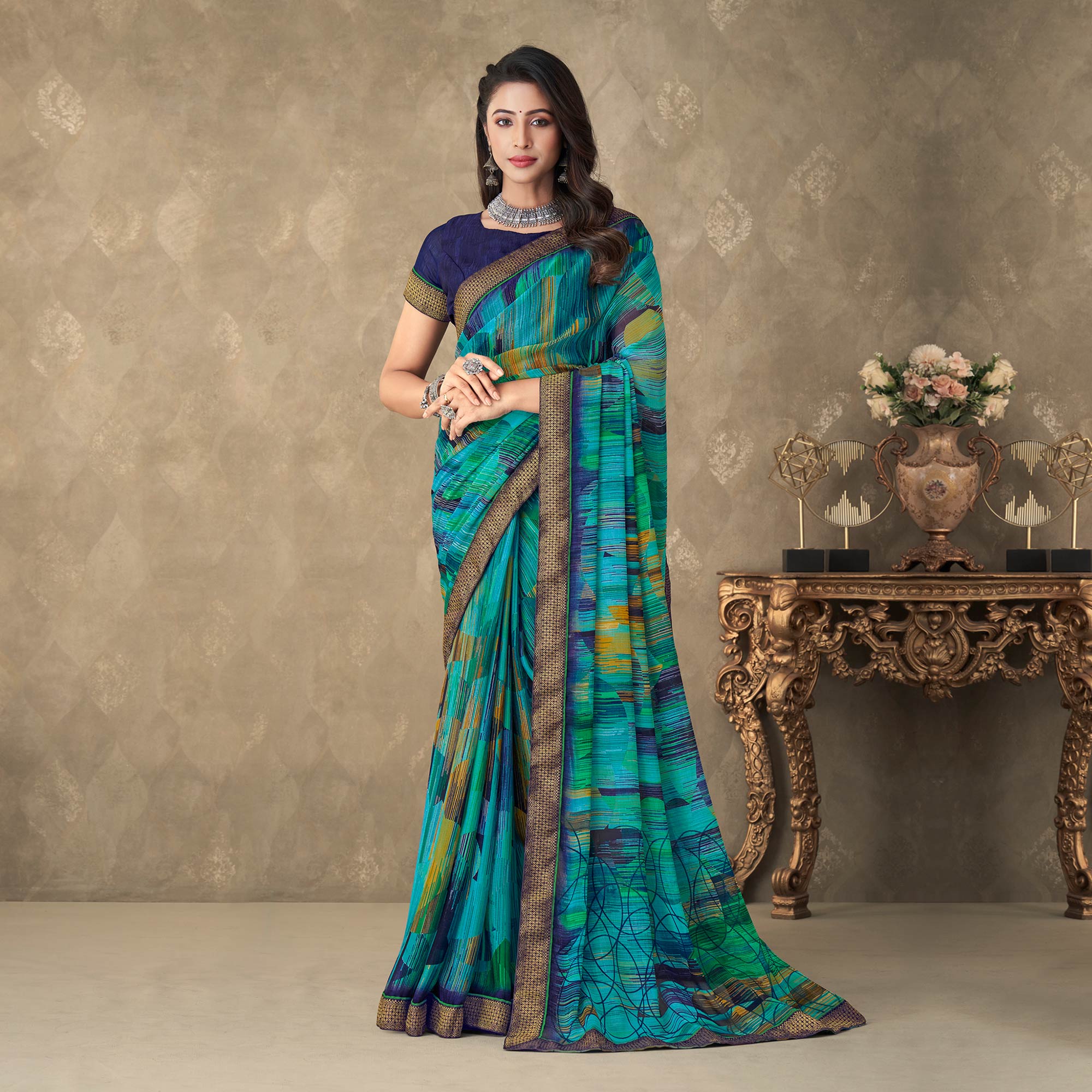 Turquoise Digital Printed Chiffon Saree With Lace Border