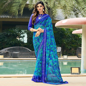 Blue Geometric Printed Chiffon Saree