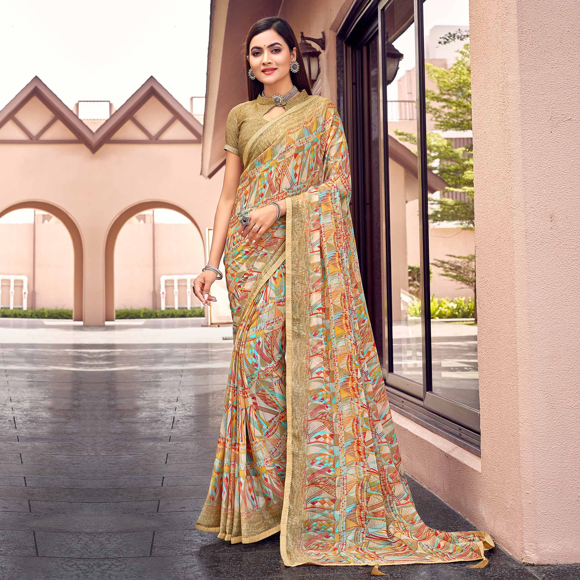Multicolor Printed Chiffon Saree With Tassels