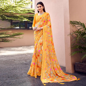 Yellow Printed Chiffon Saree With Tassels