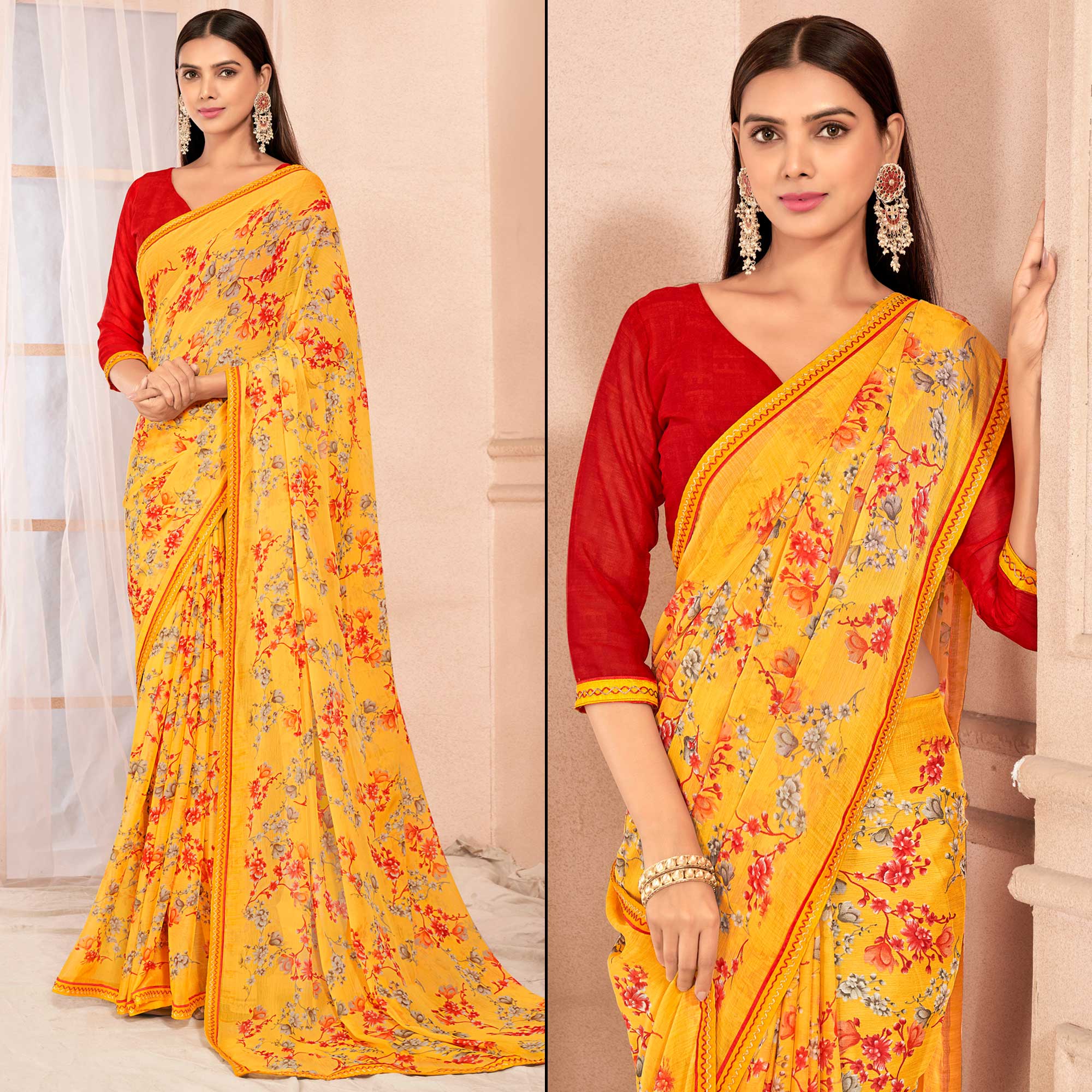 Yellow Floral Printed Chiffon Saree With Lace Border