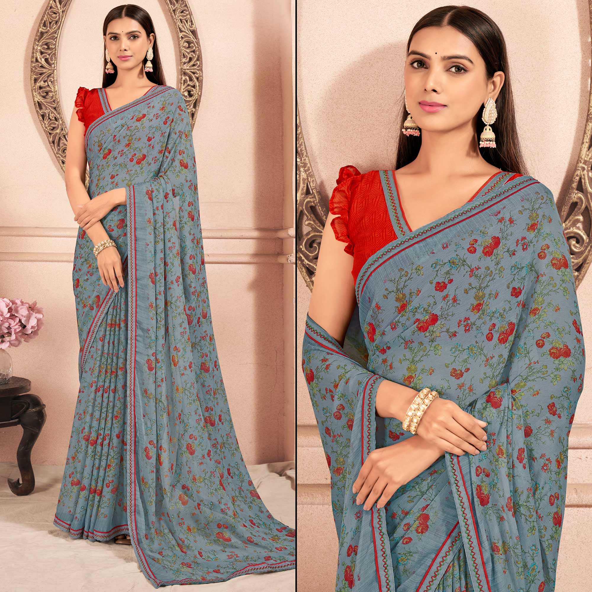 Grey Floral Printed Chiffon Saree With Lace Border