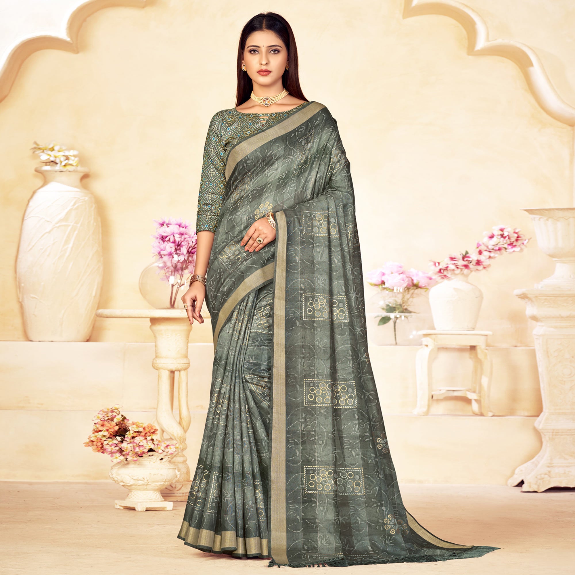 Grey Foil Printed Linen Silk Saree With Tassels
