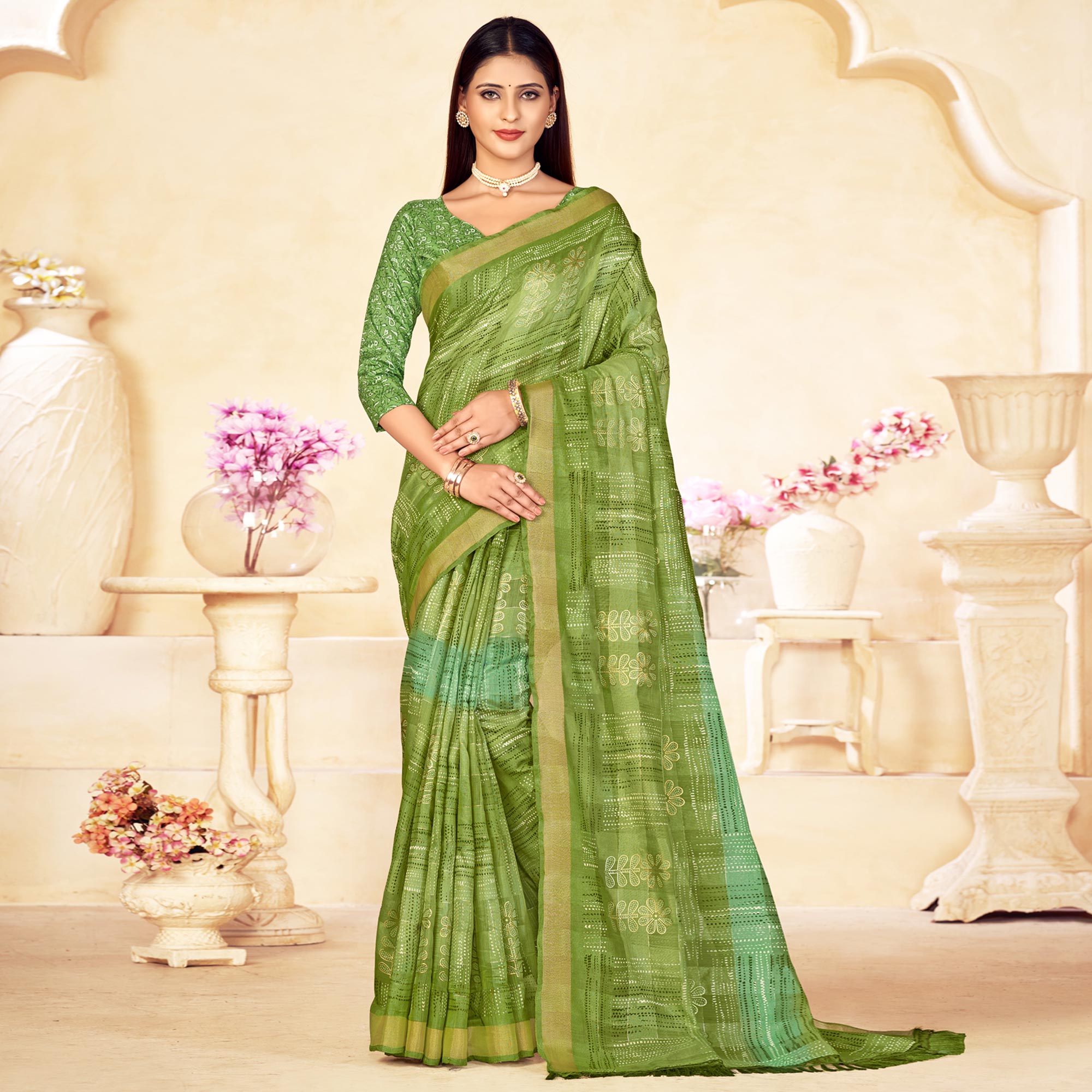 Green Foil Printed Linen Silk Saree With Tassels