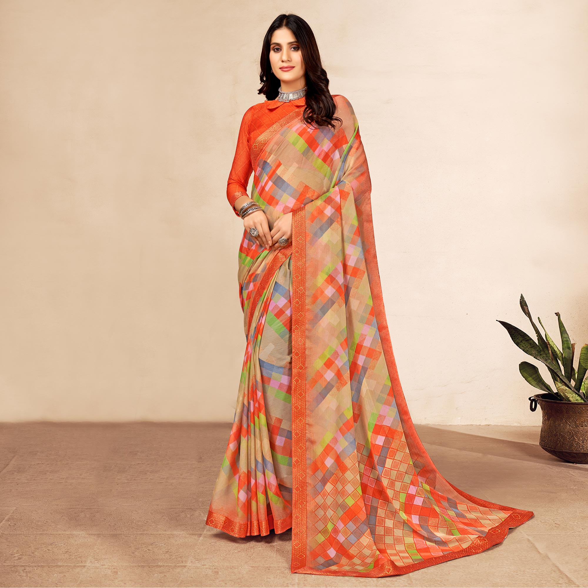 Orange Printed Chiffon Saree With Lace Border