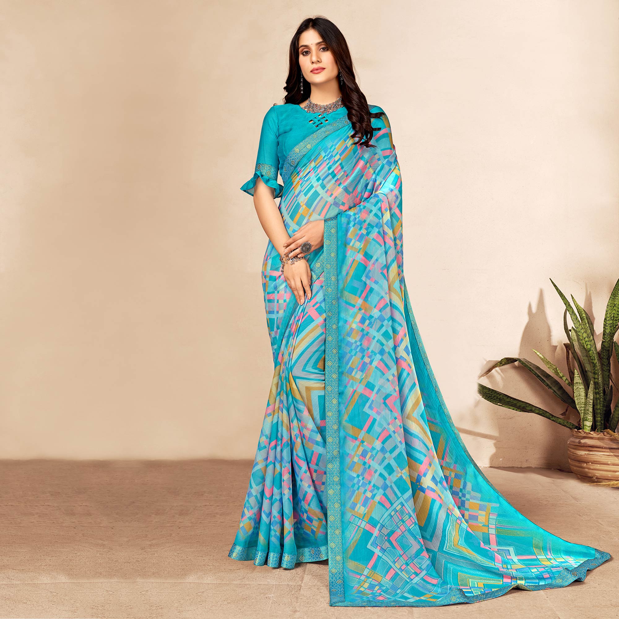 Blue Printed Chiffon Saree With Lace Border