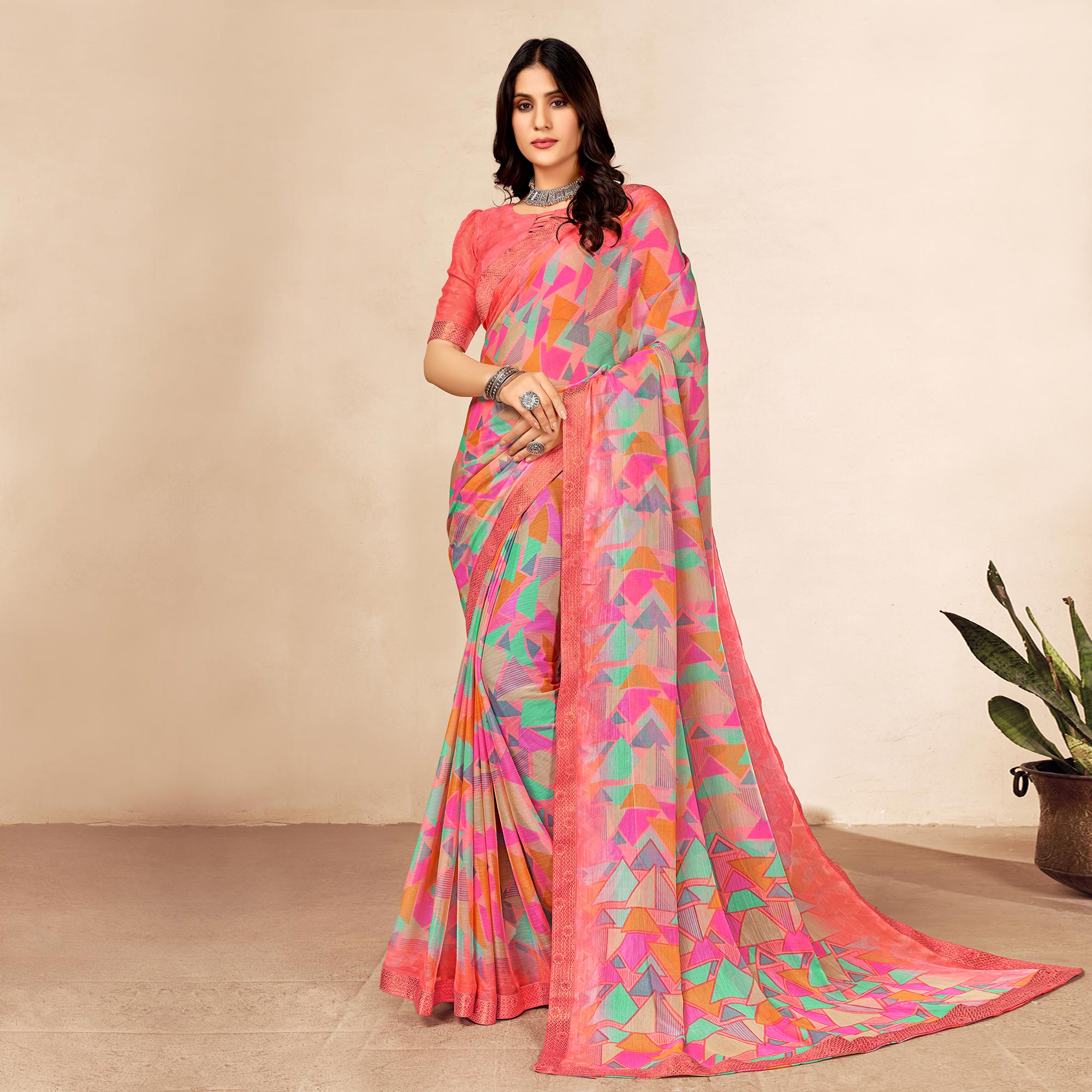Peach Printed Chiffon Saree With Lace Border