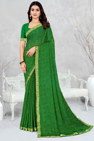 Green Leheriya Printed Chiffon Saree Accented With A Graceful Floral Weaving Lace Border