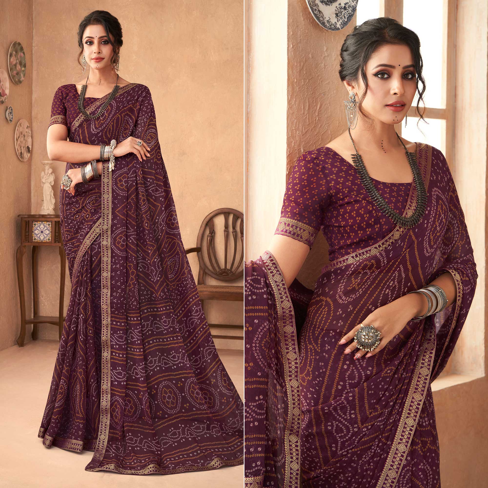 Wine Bandhani Printed Chiffon Saree