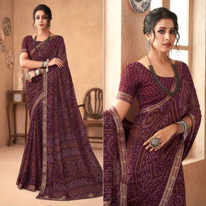 Wine Bandhani Printed Chiffon Saree