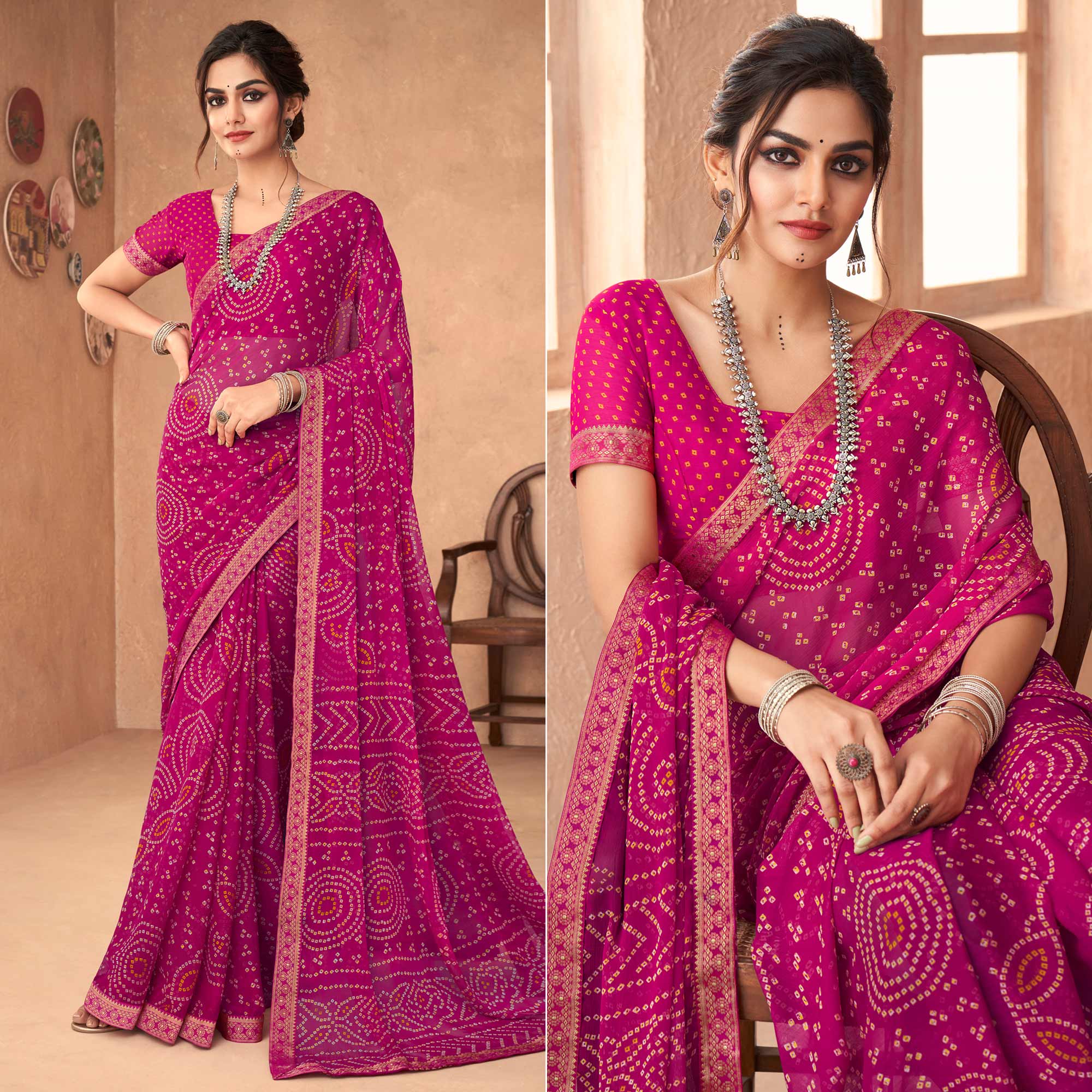 Magenta Purple Bandhani Printed Chiffon Saree