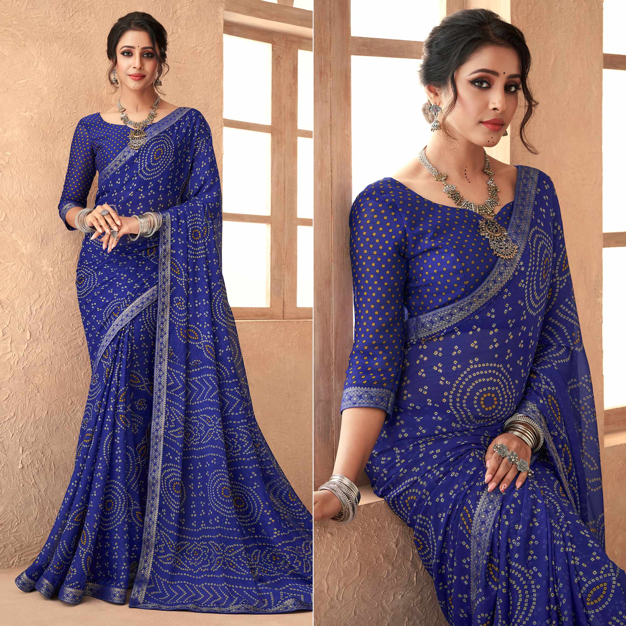 Blue Bandhani Printed Chiffon Saree