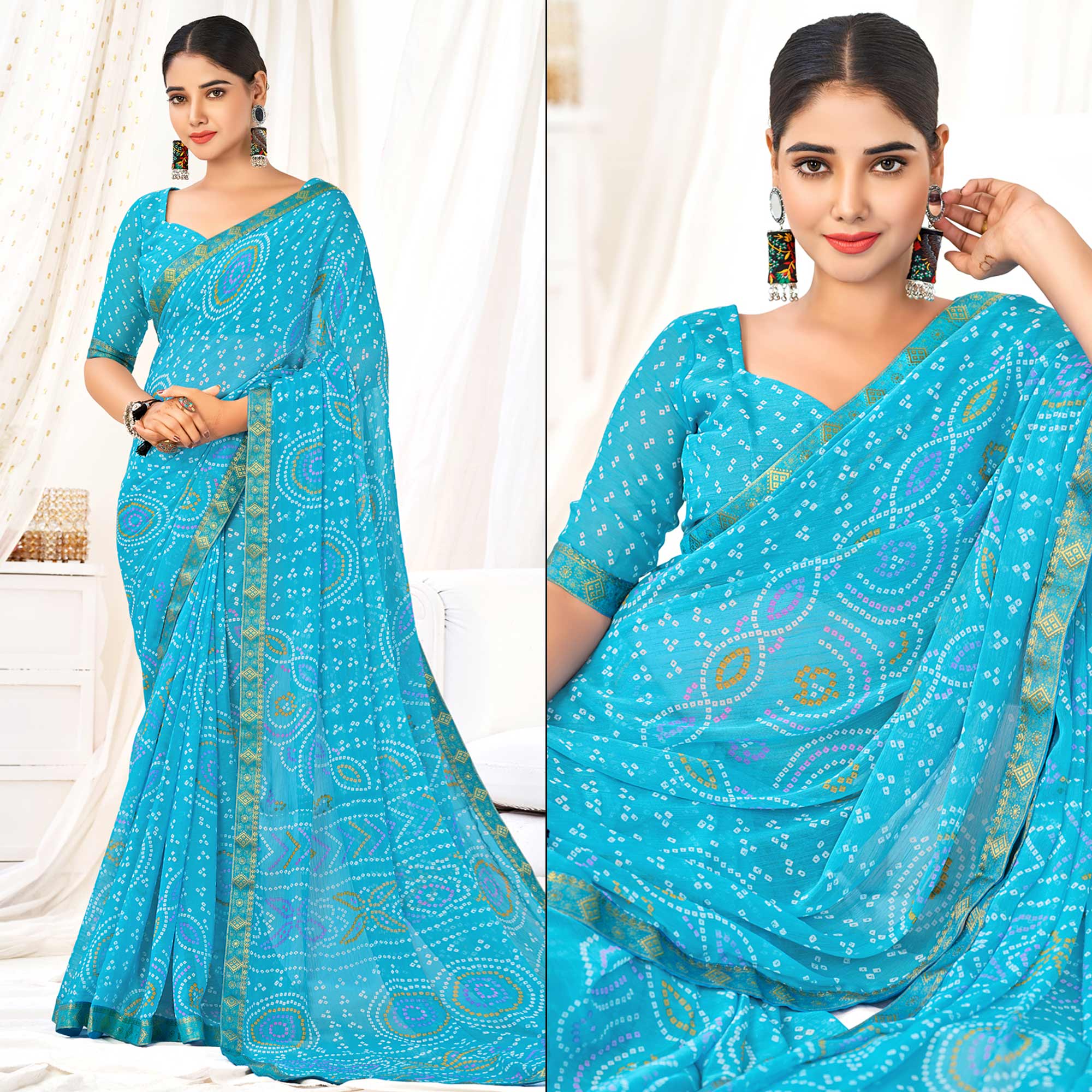 Blue Bandhani Printed Chiffon Saree