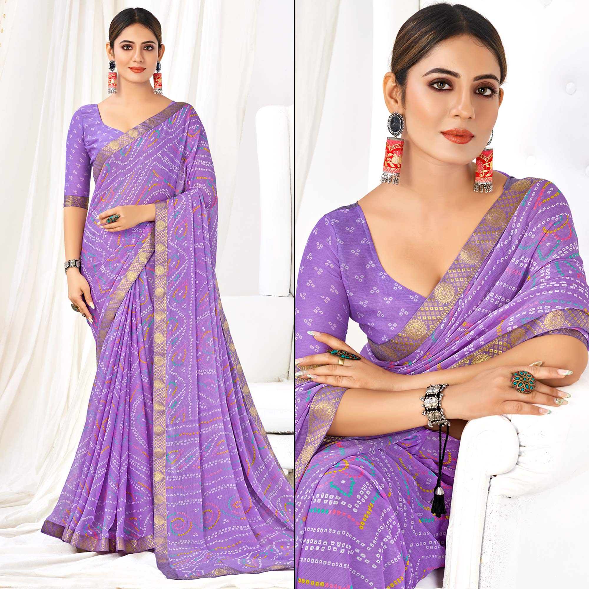 Purple Bandhani Printed Chiffon Saree