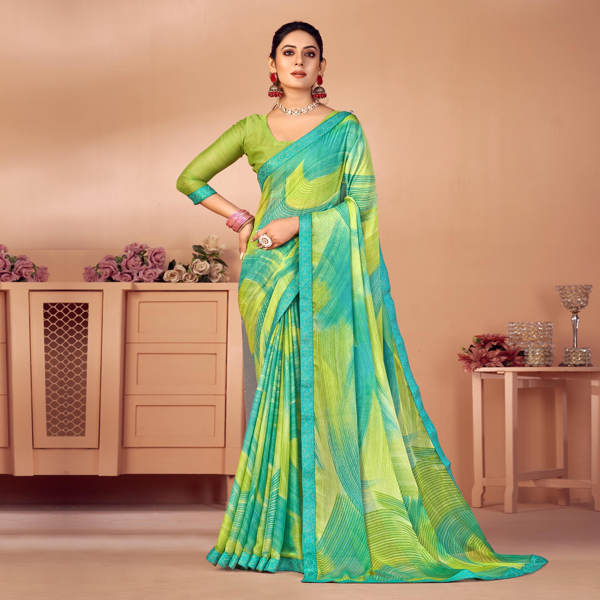 Green & Turquoise Printed Chiffon Saree With Lace Border