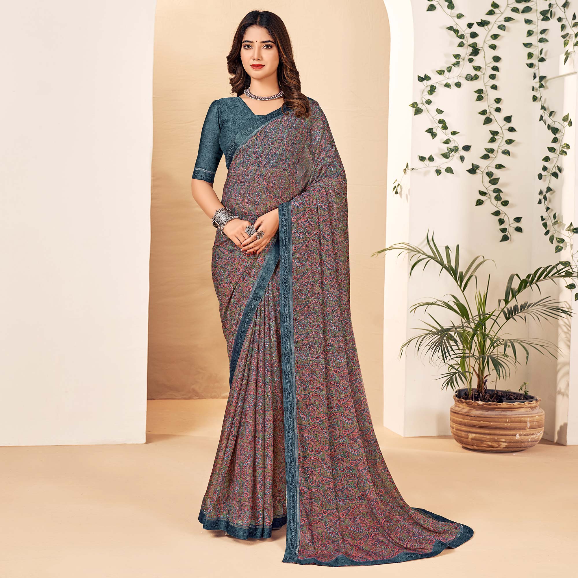 Grey Floral Printed Chiffon Saree With Lace Border